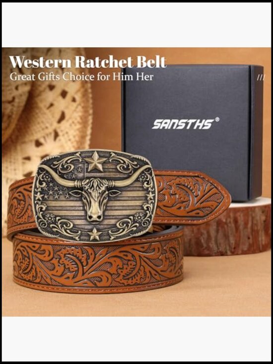 Leather Cowboy Ratchet Belt with Automatic Western Buckle main image 2